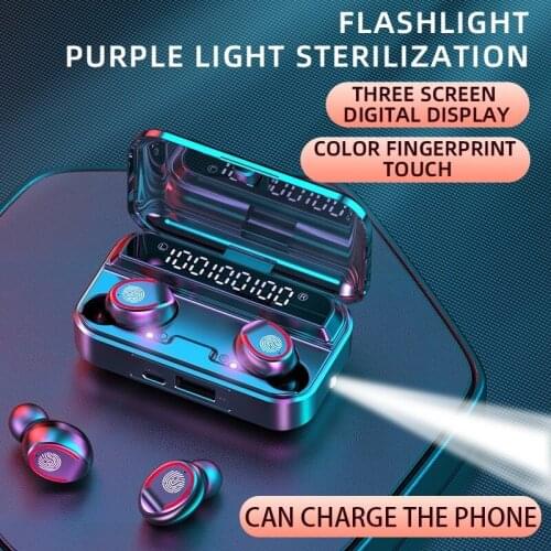 F9-3 TWS Touch Control Bluetooth 5.1 Earphone Ultraviolet Sterilization Glare Flashlight Digital Display Bluetooth Headset