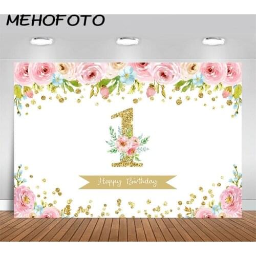 MEHOFOTO 1st Birthday Floral Backdrop Watercolor Flower First Birthday Photography Backdrop Glitter Dots Pink Floral Background