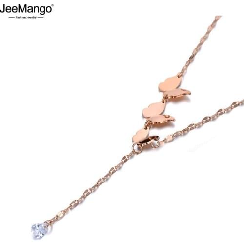 JeeMango Trendy Stainless Steel CZ Crystal Butterfly Animal Necklaces For Women Bohemia Style Charm Pendant Necklace JN19216