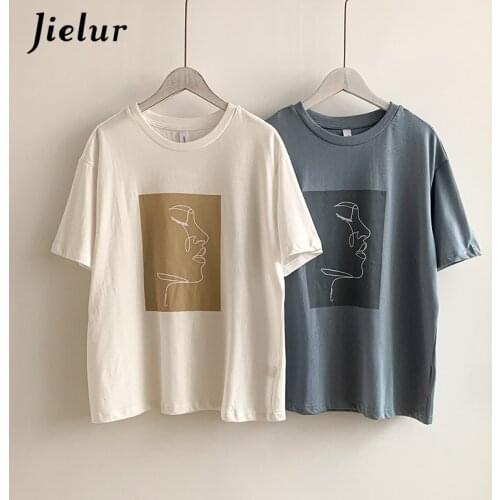Jielur Fashion Line Abstract Printing Womens T-shirt 2021 Summer Top Tee Shirt Loose White Blue Short Sleeve T-shirts Harajuku