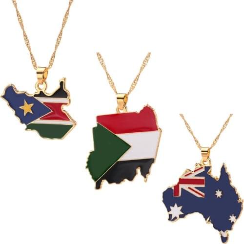 Country Map Flag Necklace Sudan Australia South Sudan Pendant Chain Jewelry Country Map Patriotic National Day Gift Bijoux Femme