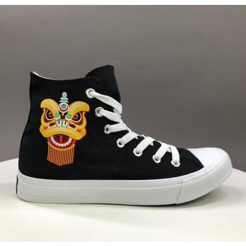 Wen Design Chinoiserie lionhead Traditional New Year Lion Canvas Sneakers Women Black High Top Men Walking Sports Shoes White