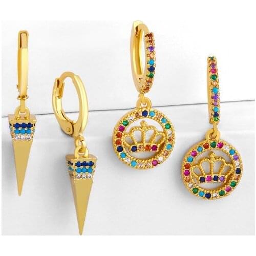 Crown multicolor Brass micro pave cz zircon cubic zirconia drop Hoop Earrings studs copper gold plated crystal tdf2