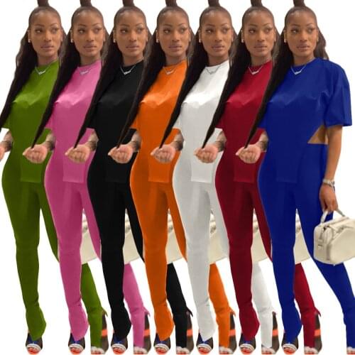 Womens Clothing Wholesale Fashion Casual Sexy Solid Color Short Sleevess Irregular Open Waist Trousers Loose Two Piece Suit