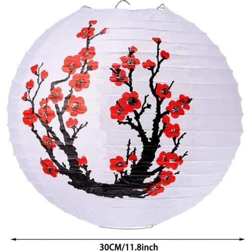 Red Cherry Flowers Paper Lantern White Round Chinese Japanese Paper Lamp for Home Wedding Party Decoration