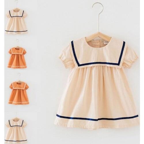 Toddler Baby Girls Summer Short Sleeve Loose Dress College Navy Sailor Style Lapel Striped Flared Hem Button Back Infant