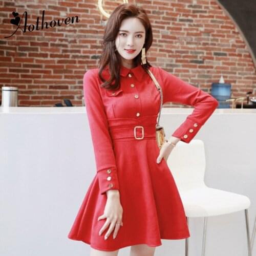 Winter Party Office High-end Dresses for Women Red Long Sleeve Turn-down Collar Dresses Vintage Vestidos Bandage A-Line Dress