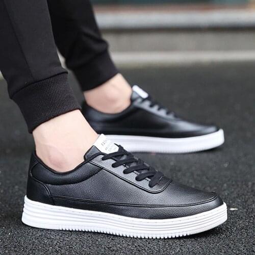Plus Size PU Leather Sport Shoes Male Running Shoes Women Sneakers Mens Leather Men Tennis Shoes Sports Black Trainers E-382