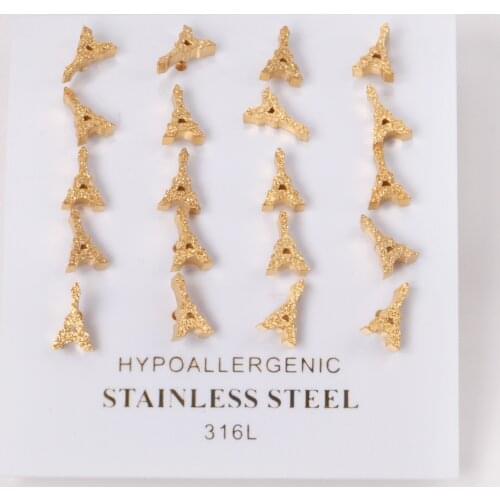 10 Pairs Tower Shape Crystal Stud Earrings Stainless Steel Gold Color Fashion for Womens/Men Piercing Gift Jewelry Accessories