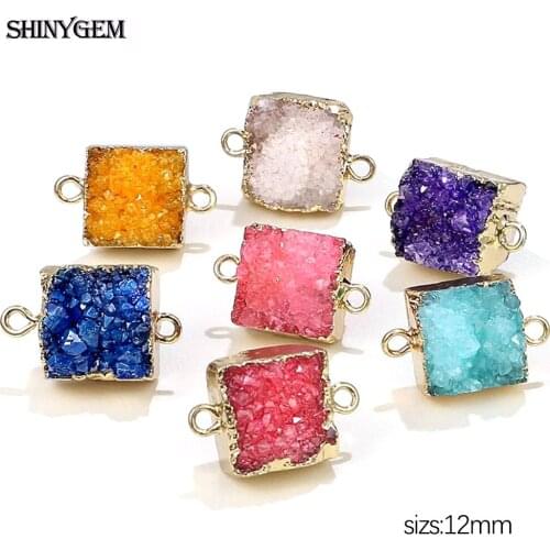 ShinyGem 5Pcs 12mm Square Natural Brazil Agate Crystal Druzy Pendant Connectors Gold Plating Bezel For DIY Jewelry Making