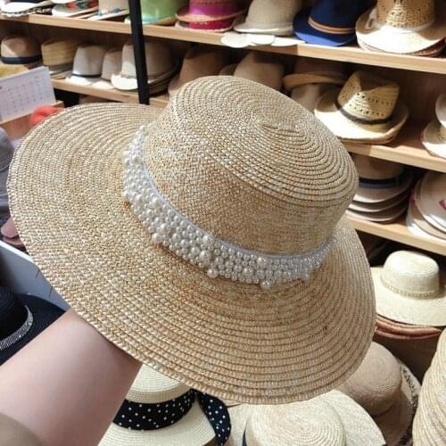 New handmade pearl straw hat wild big brim hat female summer seaside vacation beach hat