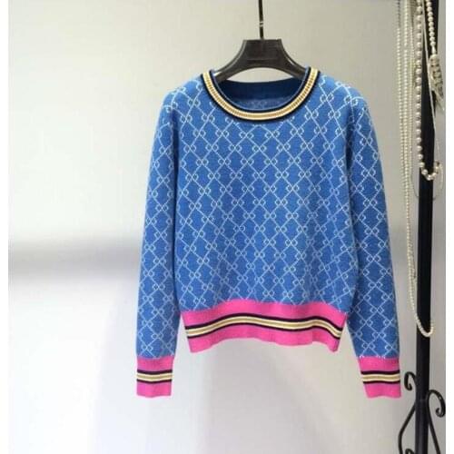 2020 Winter Roud Neck Sweater Loose pullover Top Geometric Contrast Jacquard Knitted Sweaters Long Sleeve Jumper Femme Clothing