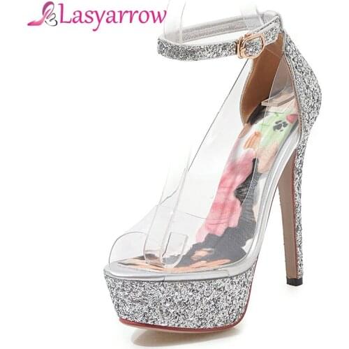 Lasyarrow Shoes Women 2019 Summer Thin Heel Sexy Party Shoes Platform High Heels Ankle Buckle Transparent Peep Toe Glitter Pumps