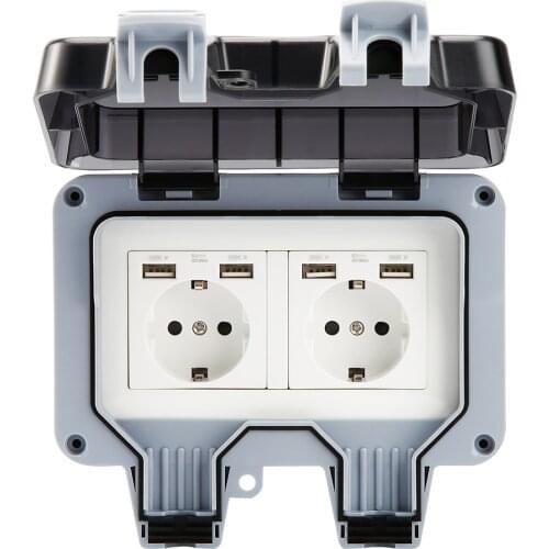 IP66 Outdoor Socket Waterproof Socket USB Wall Electrical Outlets 16A Weatherproof EU Charging Port Garden Socket AC220V-250V