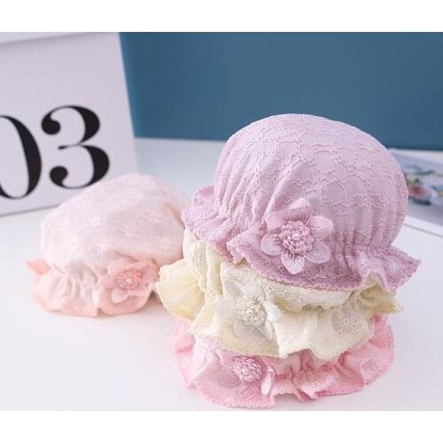 Newborn Lace Flower Baby Hat Spring Pearl Soft Baby Girls Hat Infant Toddler Sun Caps Solid Color Girls Bucket Hat Bonnet
