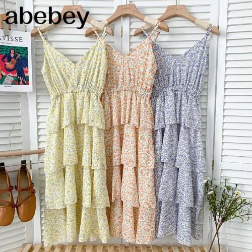 Vintage V-neck sleeveless off shoulder Dress high waist pleated waist print mid-length A-line strap cake Dress 2021 New Summer
