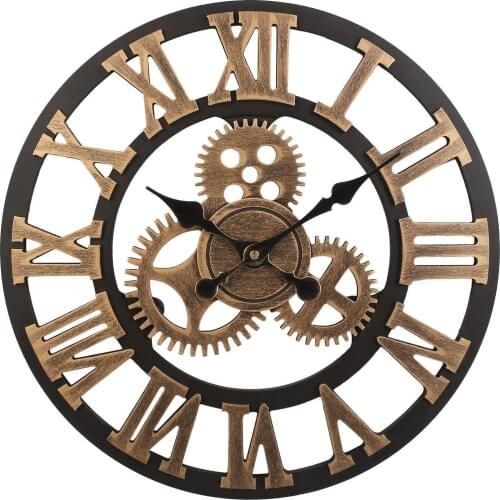 Vintage Clock European Retro Vintage Handmade 3D Decorative Gear Wooden Vintage Wall Clock