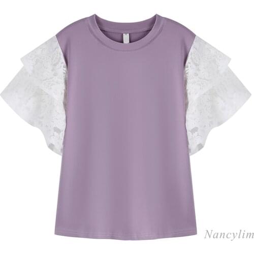 Lace Patchwork Ruffled Sleeve Round Neck T-shirt for Women 2021 Summer Korean Style Loose Purple Tops Tees Female Casual Top