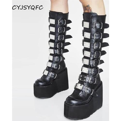 CYJSYQFC Ins Women Wedges Metal Buckle Autumn Mid Calf Boots Round Toe Zip Thick Bottom High Heel Platform Lady Motorcycle Boots