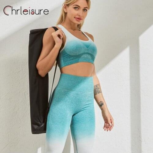 CHRLEISURE Gym Set Tracksuit Women Seamless Yoga Set High Waist Legging Fitness Workout Running Two Piece Set Women