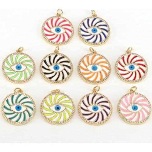 10Pcs Round Design Enamel Eye Jewelry, Zircon Eye Charms, Gold Color Metal Copper Pendant, Vintage Micro Pave Pendant, Findings