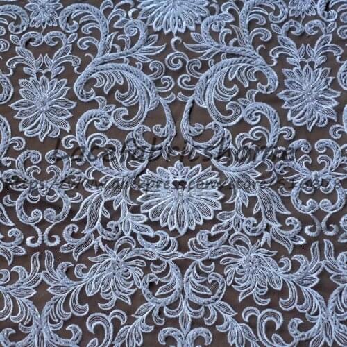 130cm by yard hot sale off white/blue super heavy beaded on netting embroidery wedding dress lace fabric