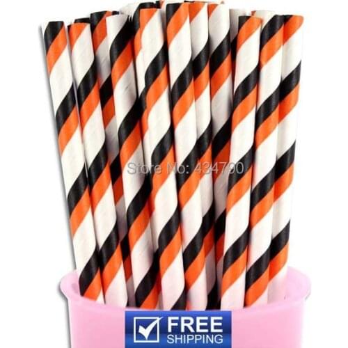 200pcs Black and Orange Striped Halloween Paper Straws Drinking, soda, or everyday with iced tea, lemonade, water