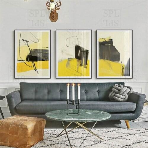 Abstract Modern Canvas Painting Yellow Black Color Block Wall Picture for Living Room Decoration Wall Art Posters and Prints