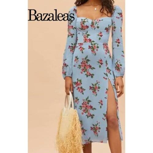 Bazaleas Palace Long Sleeve Women Midi Dress Vintage Pink Floral Print Blue Chiffon Vestidos Spring Split Dresses