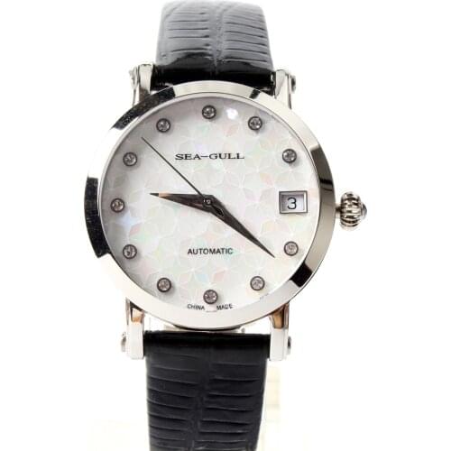 Seagull Rhinestone Bezel Lady Watches MOP Exhibition Back Self Onion Crown Wind Automatic Mechanical Womens Watch 819.387