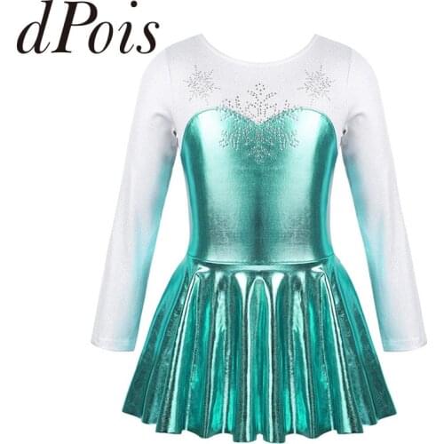 Kids Girls Ballet Dance Leotard Dress Long Sleeves Shiny Rhinestone Snowflake Metallic Bodice Gymnastics Leotard Dance Costume