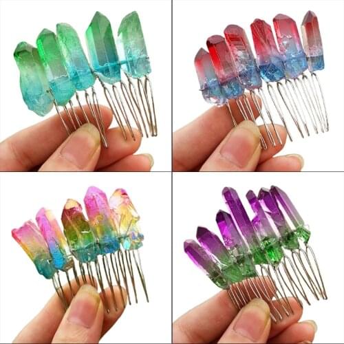 Gradient Ombre Rainbow Raw Quartz Hair Comb Contrast Colored Imitation Crystal Stone Wedding Tiara Ponytail Clip Hairpin