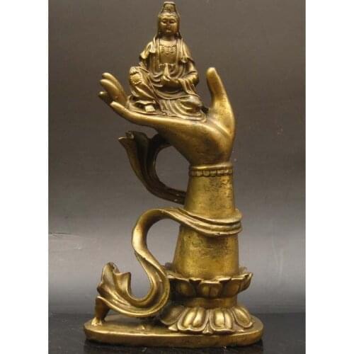 Chinese Buddhist Brass Copper Carved Kwan-yin Sit In Buddha Hand Statue