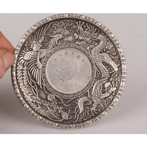 Chinese Vintage Handmade Carving Dragon Phoenix Plate Silver Copper Collection