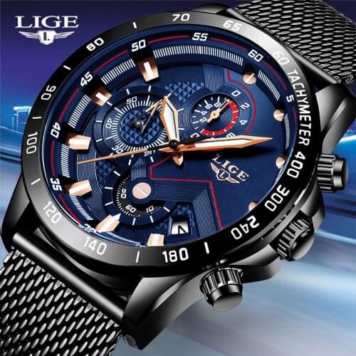 LIGE Fashion Mens Watches Top Brand Luxury Quartz Watch Men Sport Chronograph Stainless Steel Waterproof Watch Relogio Masculino