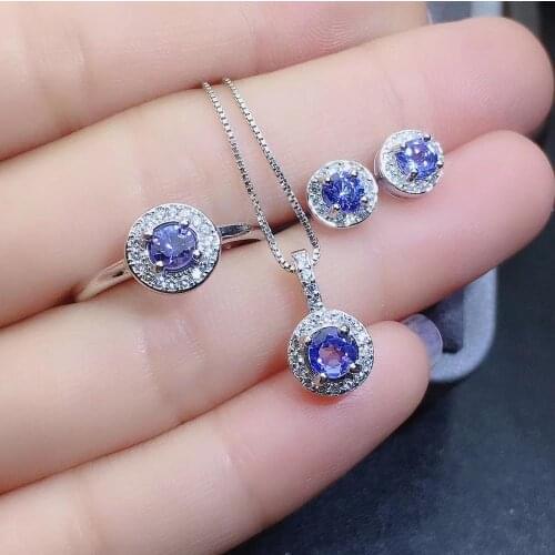 Best Gift Real Natural Natural Tanzanite Set 925 Sterling Silver 1 tanzanite pendant, 1 tanzanite ring, 2 tanzanite earrings