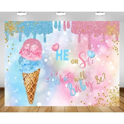 Mehofond Boy or Girl Ice Cream Gender Reveal Backdrop Photography Pink Blue Glitter Bokeh Background Photo Studio Photocall Prop