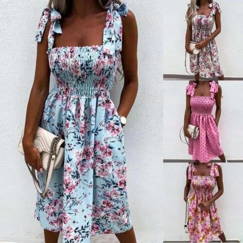 Hot SalesFashion Dress Adjustable Shoulder Straps Women Floral Dot Print Waist Tight A-line Sling Dress for Party