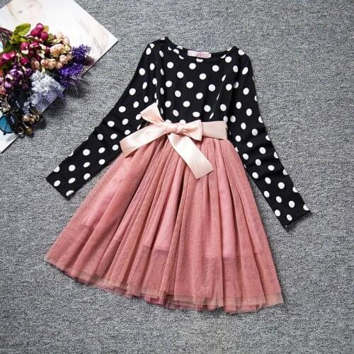 2 3 4 5 6 Years Kids Dresses for Girls Long Sleeve Mesh Patchwork Summer Casual Dress Dots Little Girls Clothing White&Black