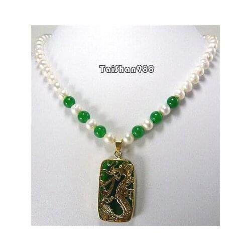 Hot sale Free Shipping>>>Genuine White Pearl Green Jade 18KGP Dragon Pendant Necklace