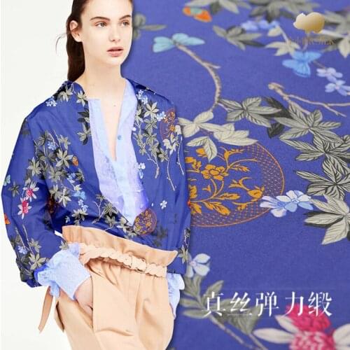 1 Meter X 1.12 Meter Plant Print Purple Stretch Silk Satin Fabric Dress 25 M/M