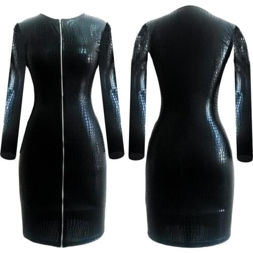 S-XXXL Women PVC Leather Dress Clothing Sexy Black Snakeskin Faux Leather Zipper Dress Summer Zipper Bodycon Dress