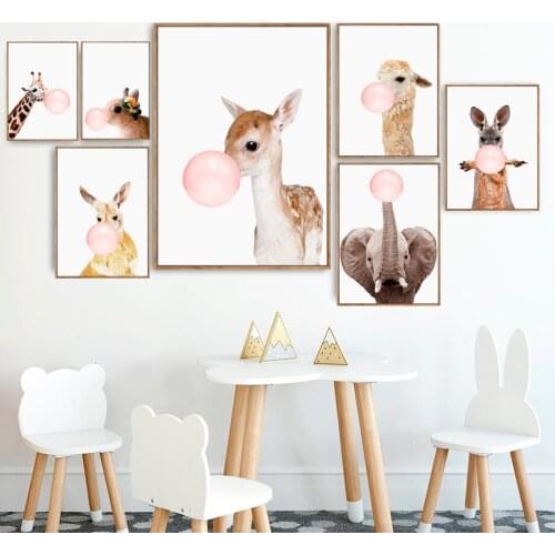 Scandinavian Balloon Bubble Gum Animal Giraffe Wombat Rabbit Canvas Decoration Painting Poster Kids Nursery Room Wall Picture