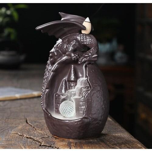 6-Color Change LED Incense Burner Ceramic Handmade Dragon Incense Holder Creative Home Ornament Smoke Waterfall Censer Decor