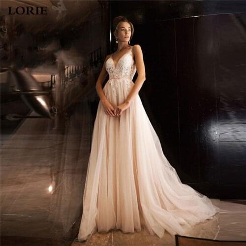 LORIE Light Pink V Neck Wedding Dresses 2020 Lace Bride Dresses A-Line Puff Tulle Boho Wedding Gown Vestido de novia