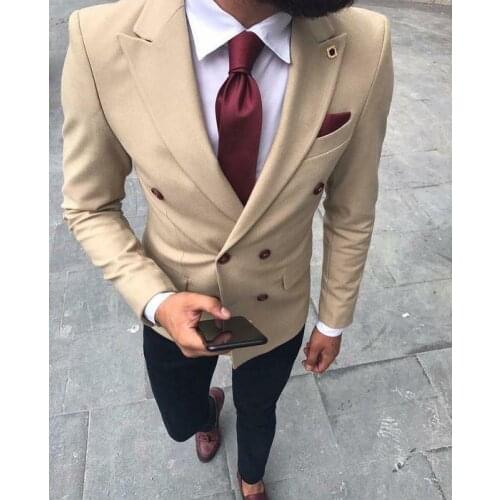 High Quality Double Breasted Champagne Groom Tuxedos Peak Lapel Groomsmen Mens Suits Blazers (Jacket+Pants+Tie) W:718