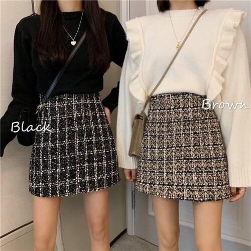 New Women Plaid A-line Simple Skirts Above Knee Tweed Skirt Female Vintage Short Skirts Bottoms For Girls Autumn Winter KK8279