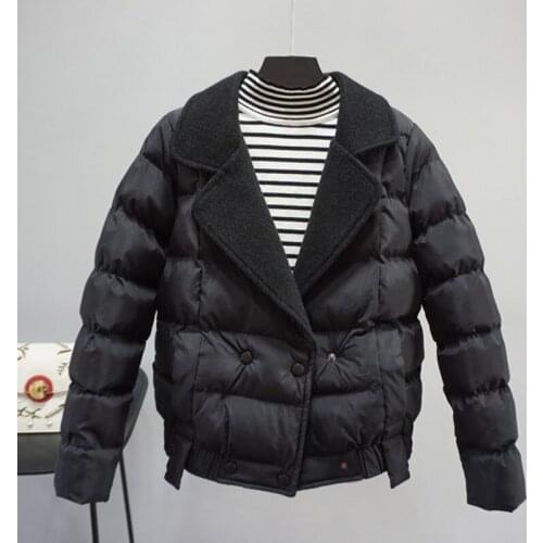 Cotton Jacket Women 2020 New Winter Coat Woolen Suit Collar Double-Breasted Short Clothes Black Beige Outerwear Female Tops