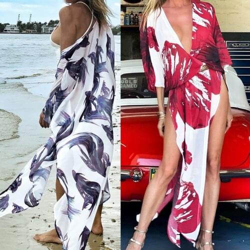 Women Beach Cover Up Cardigan Floral Print Chiffon Kimono Long Shawl Cover Up Cardigan Coat Sun Protection Female