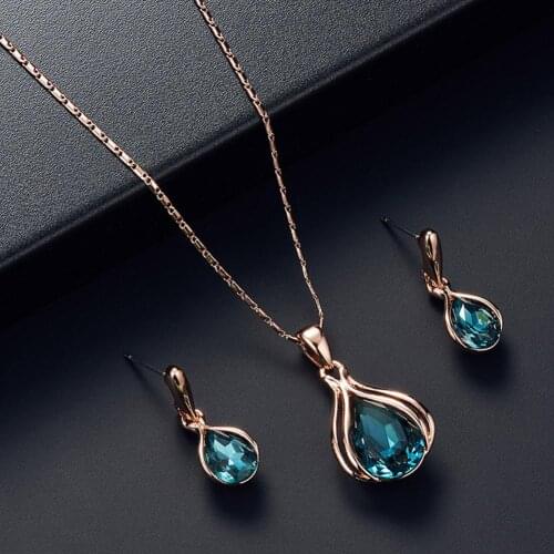 Women wedding Water Drop Shape Rhinestone Pendant Necklace Ear Stud Earrings Jewelry Set parrure bijoux femme